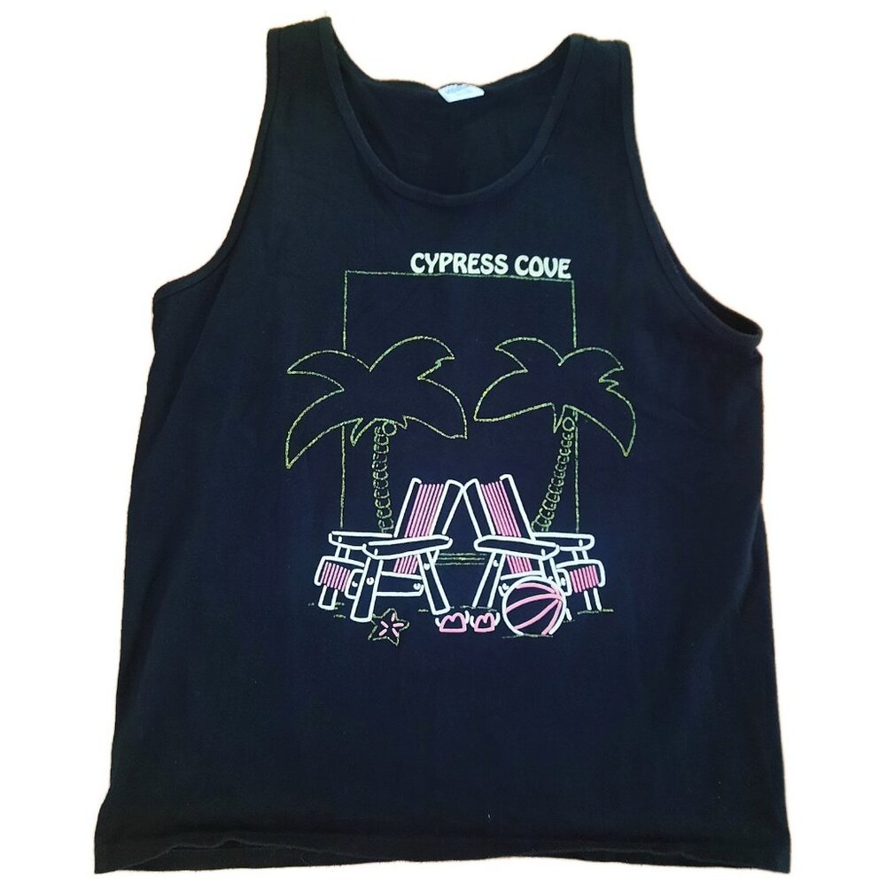 Vintage 80s Souvenir Graphic Tank Top Mens L Cypress Cove Black Baggy Fit